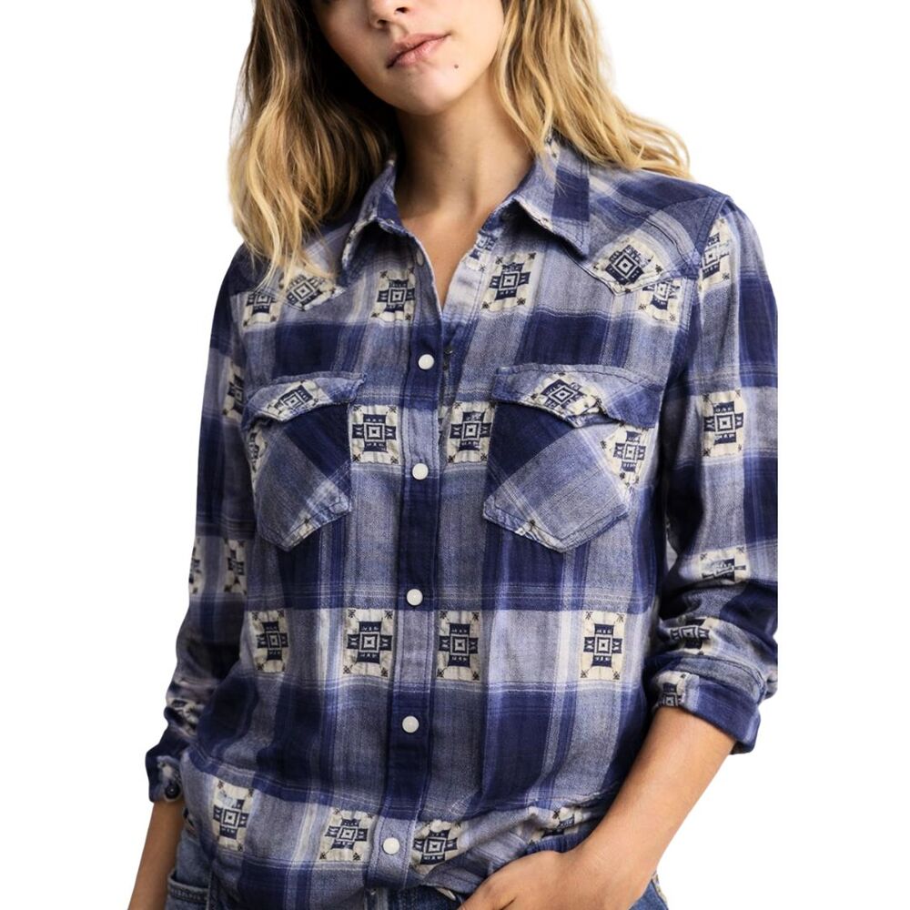 American Eagle Western Pearl Snap Shirt XS Blue White Plaid Aztec Boyfriend Top